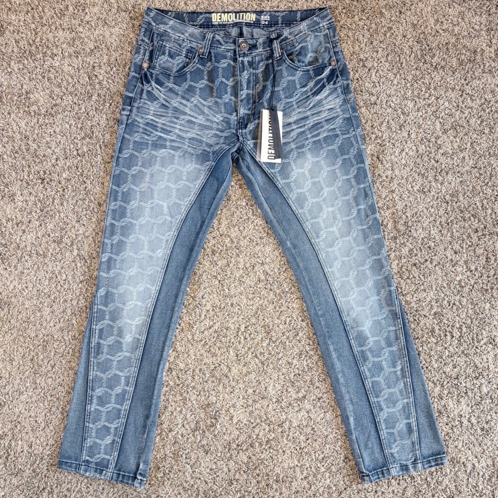 Demolition Stonewash Rope Print Paneled Straight Leg Jeans Size 34 NWT JAQ24100